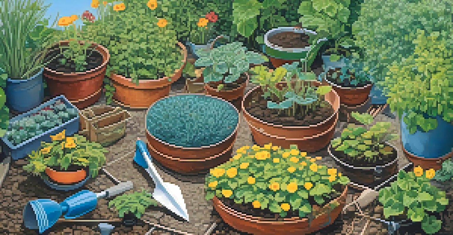 An overhead view of a colorful garden showing healthy and infected plants, along with gardening tools and clear blue skies.