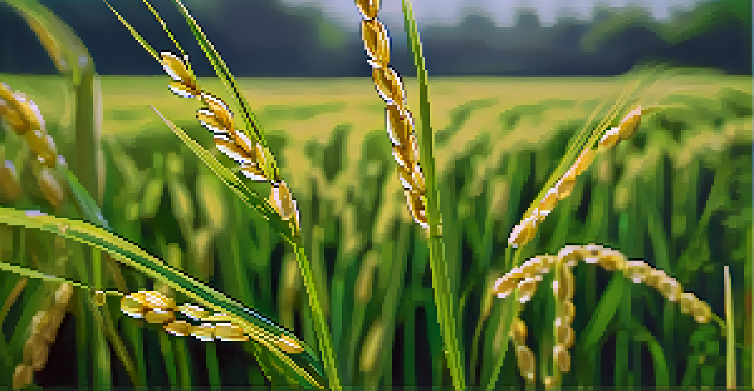 Close-up of golden genetically modified rice grains with dew drops, set against lush green paddies.