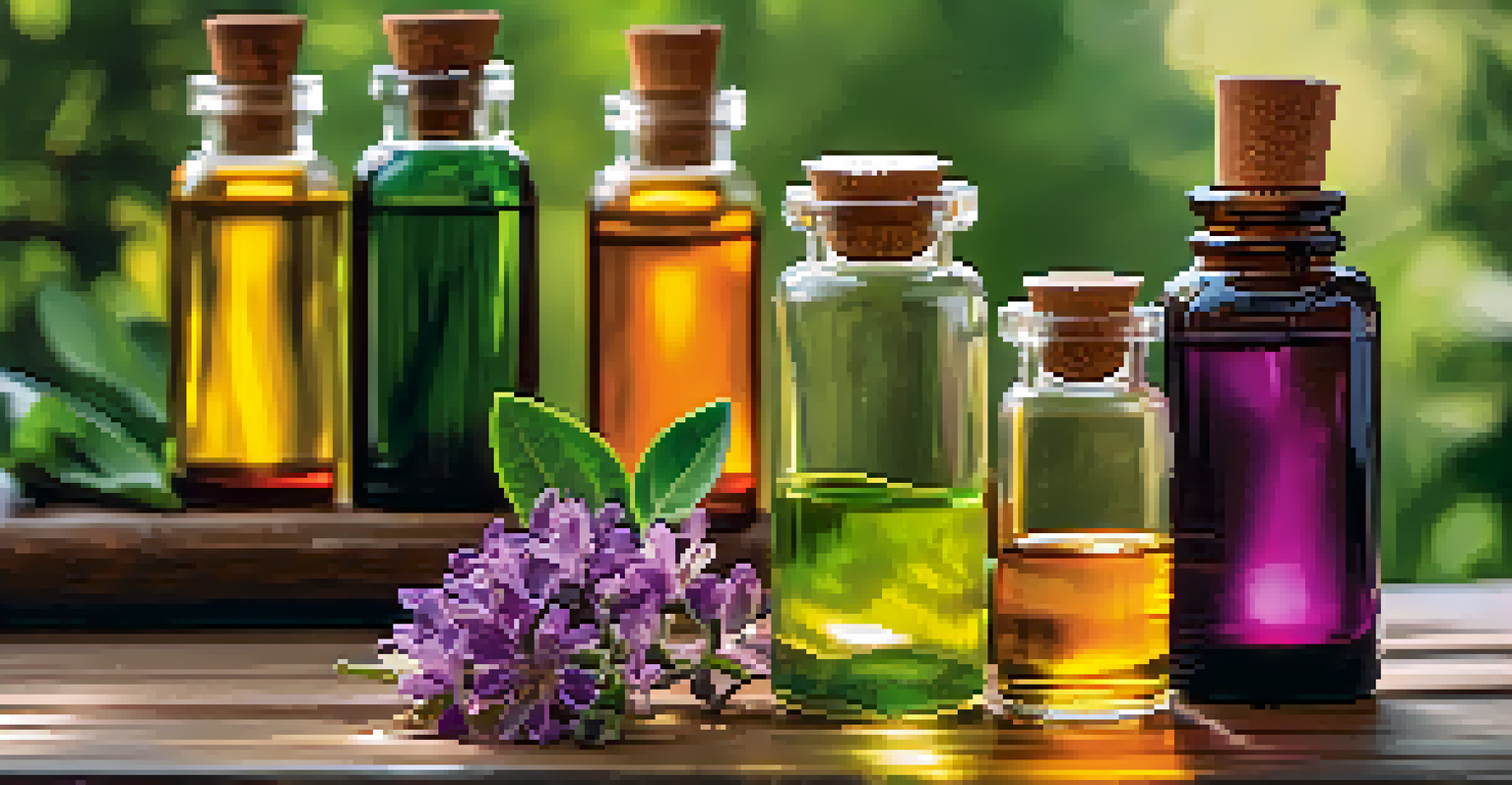 A collection of colorful essential oil bottles on a wooden table with a nature background.