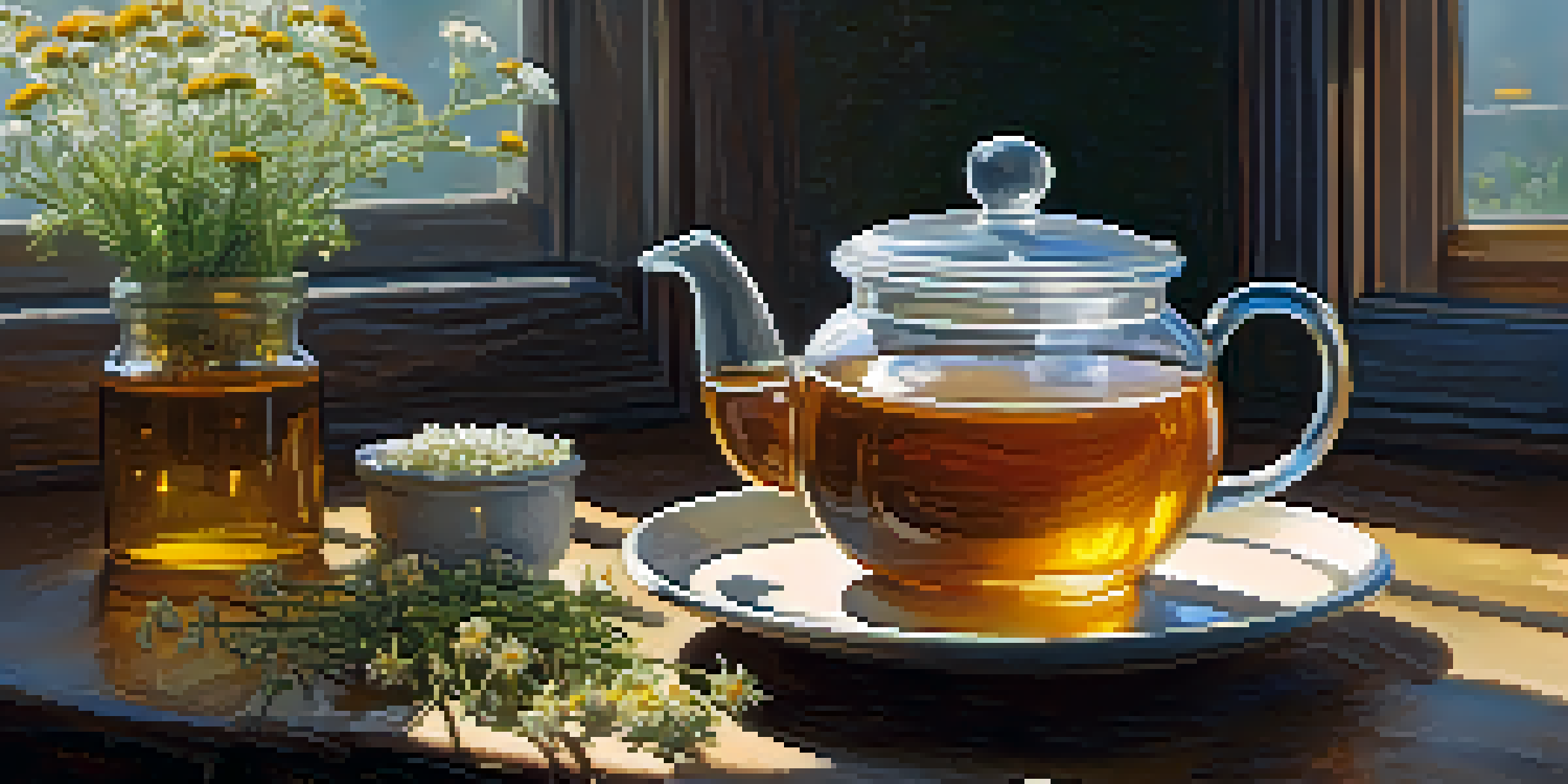 A cozy herbal tea setup with a steaming cup of valerian root tea, dried valerian roots, fresh chamomile flowers, and a honey jar under warm lighting.