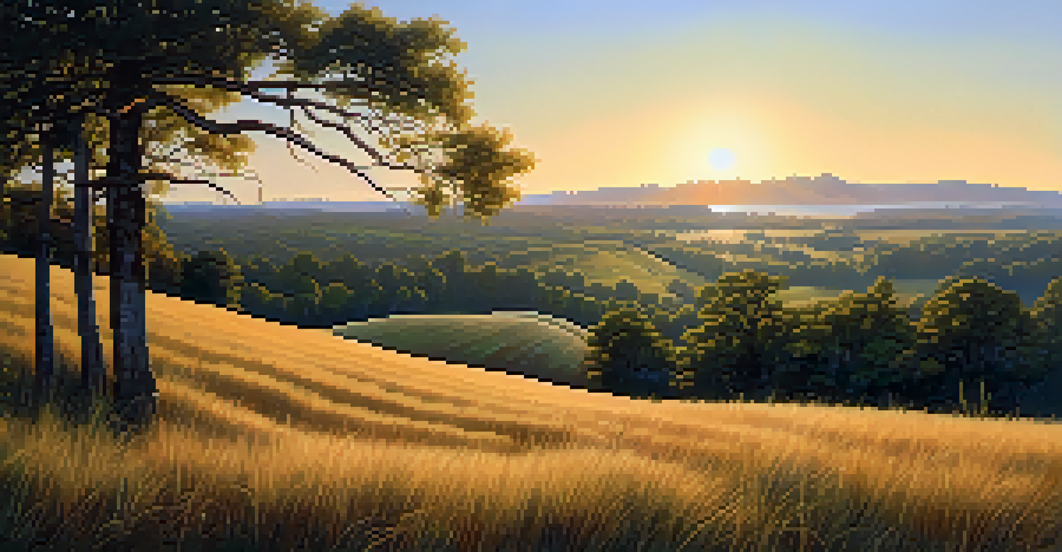 A panoramic view of a healthy ecosystem with trees and grasses at sunset, showcasing soil stability.