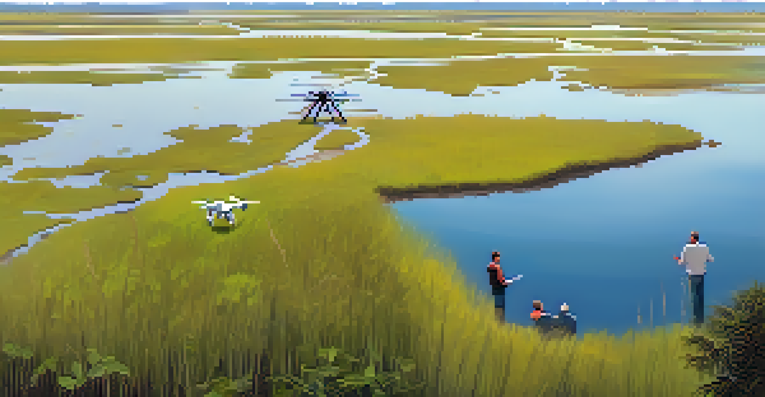 A drone surveying a coastal wetland with researchers discussing their findings in the foreground, showcasing the landscape's beauty.
