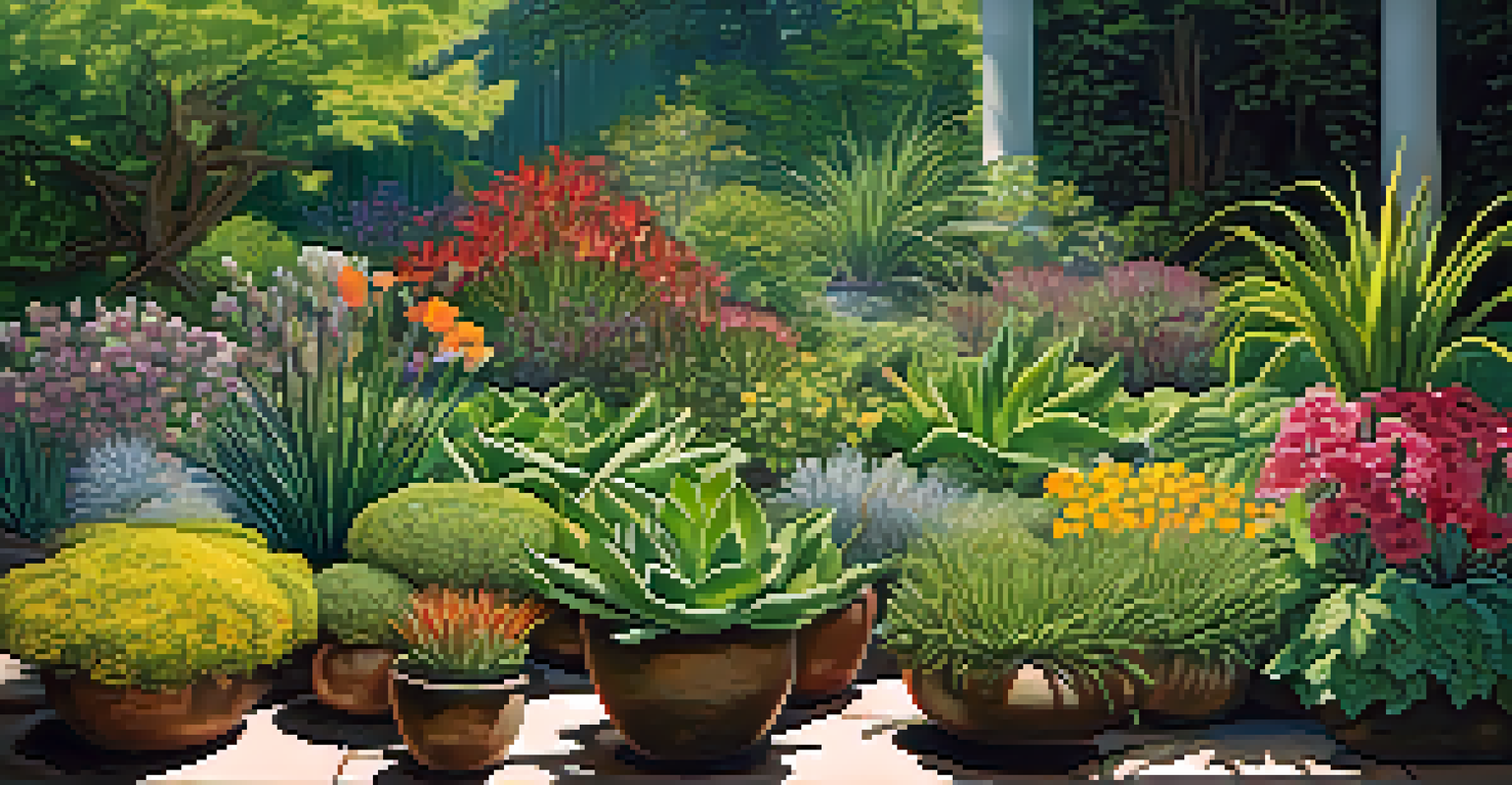A vibrant garden scene featuring different plants with various root systems, including deep taproots and shallow fibrous roots, illuminated by bright sunlight.