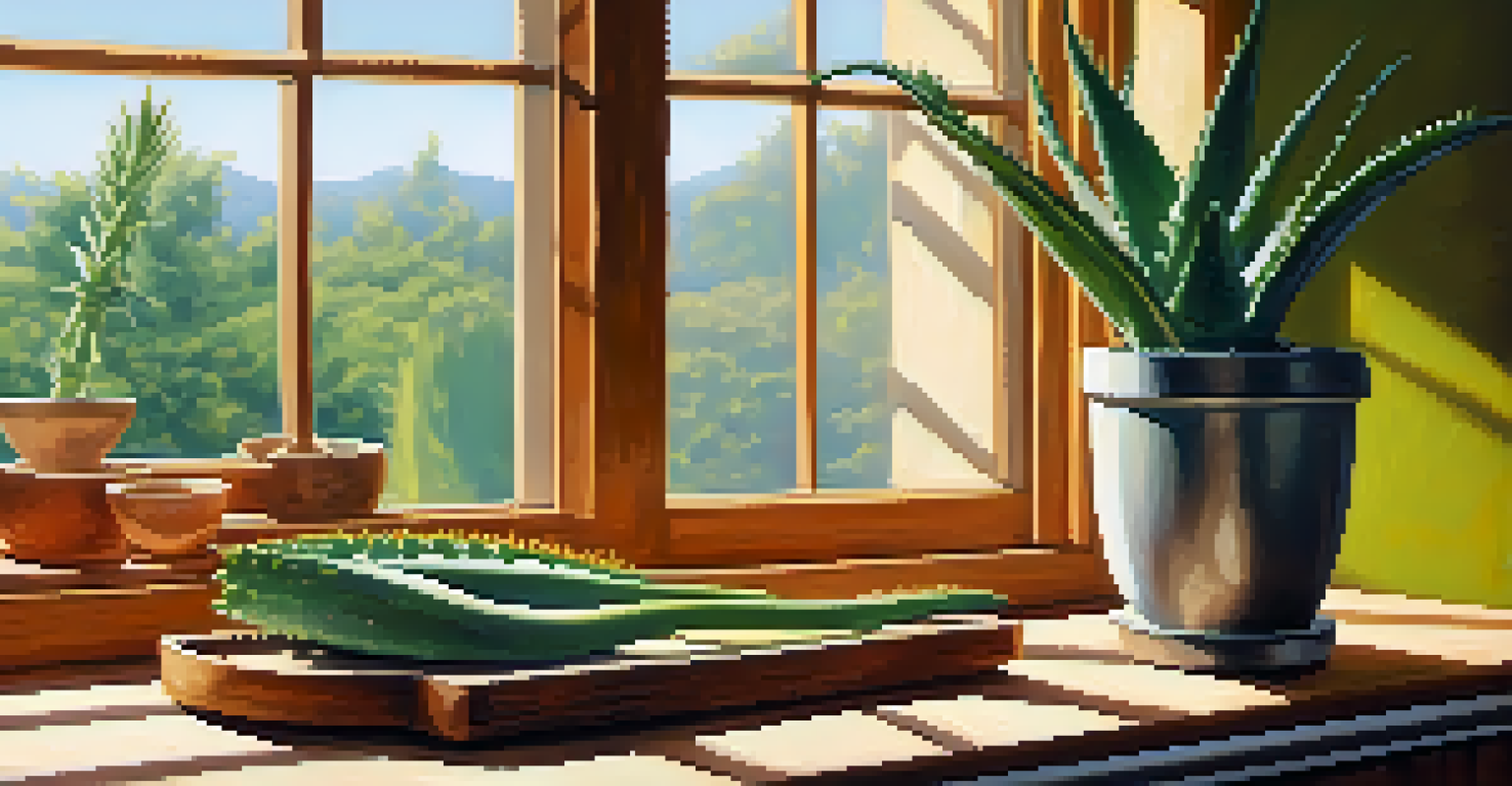 A bright kitchen with an Aloe Vera plant on a windowsill, sunlight illuminating the scene.