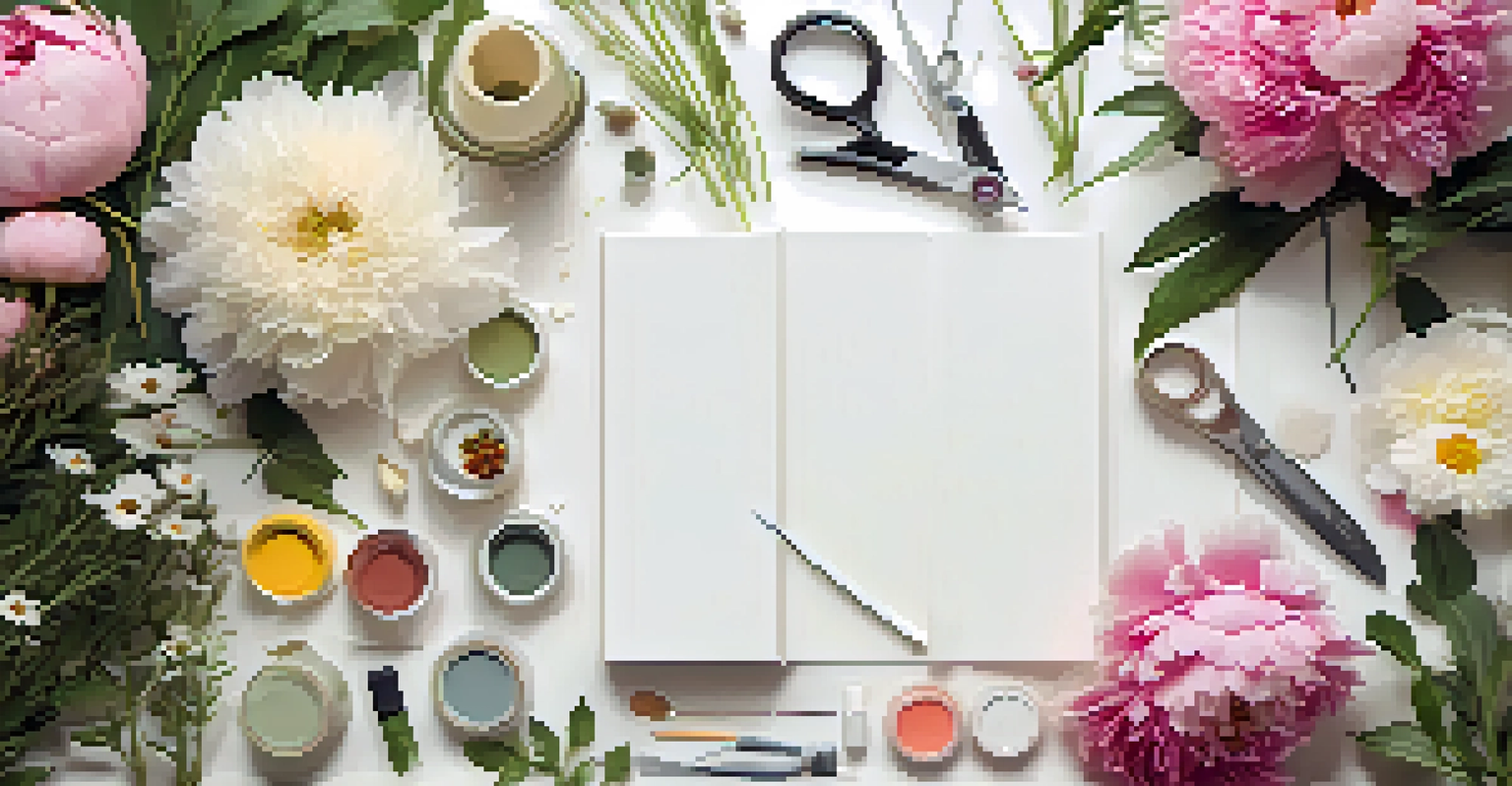A floral design workspace with colorful flowers and arranging tools on a white table.