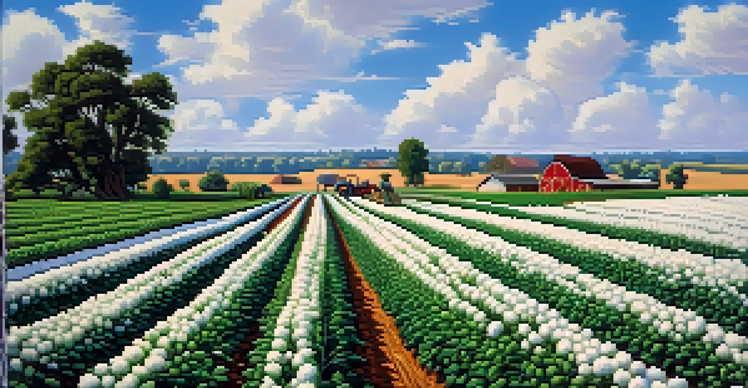 Close-up of an organic cotton farm with lush plants and a farmer tending to the crops under a blue sky.