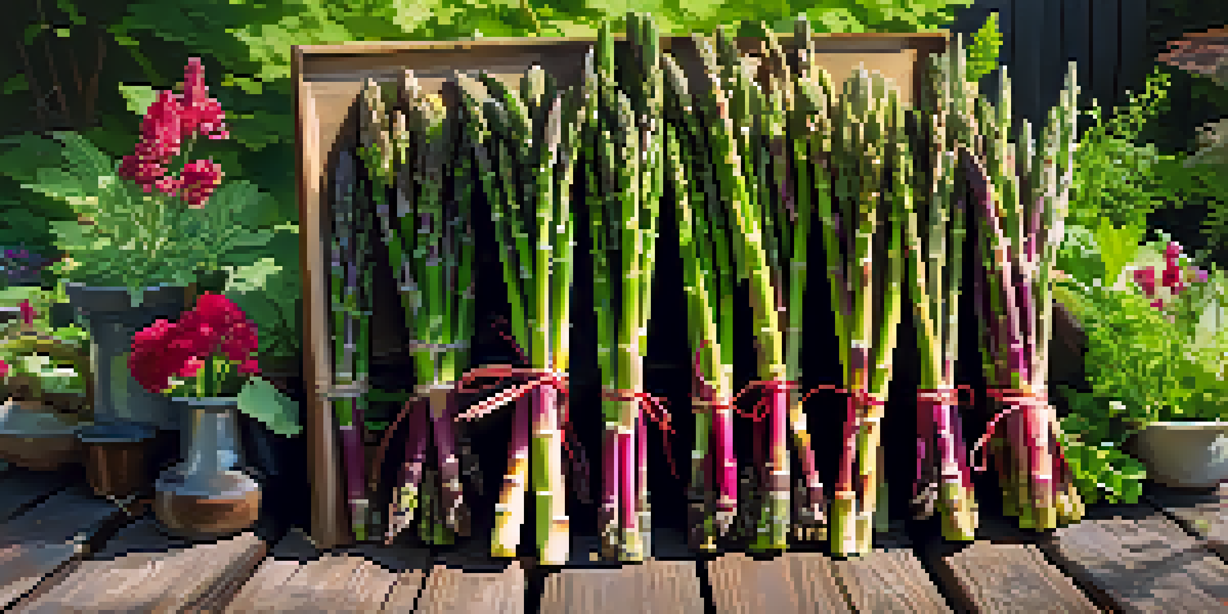 A colorful garden filled with asparagus, rhubarb, and herbs, illuminated by sunlight with a wooden sign that reads 'Perennial Edibles'.