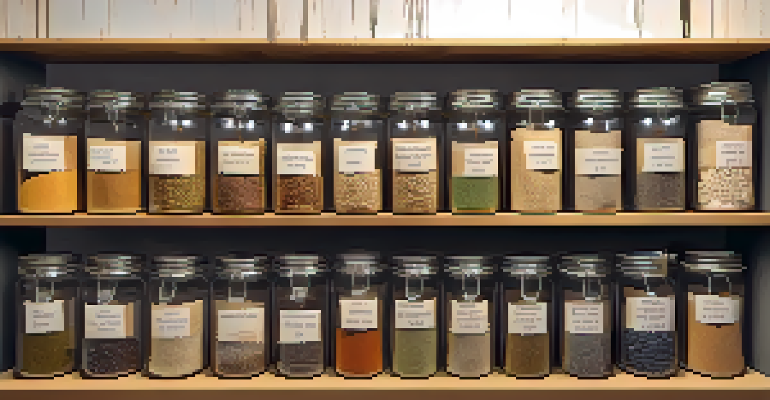 A close-up view of a seed bank with jars of seeds on wooden shelves, showcasing various plant species.