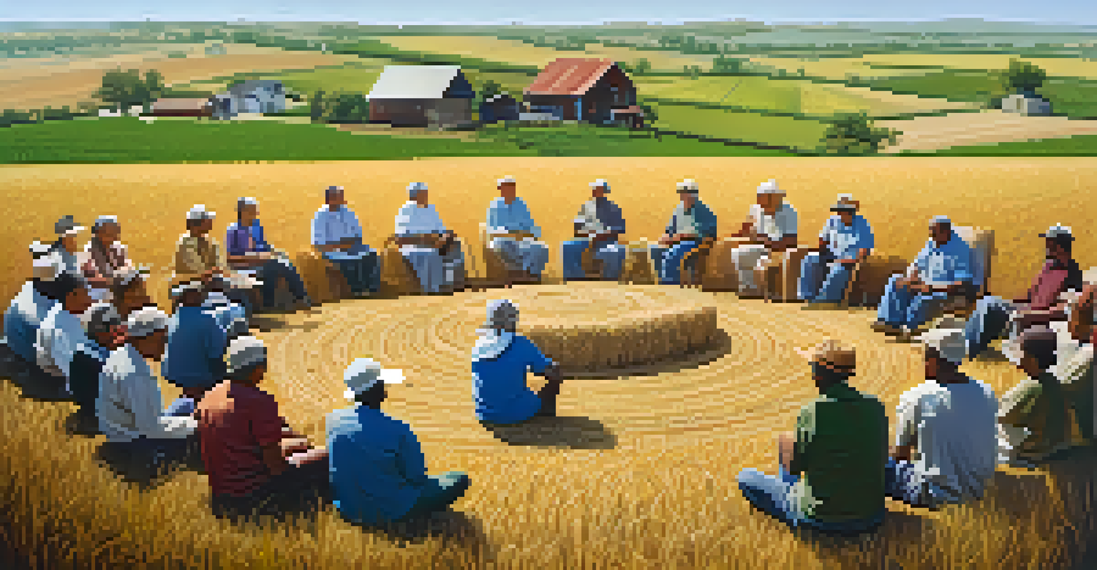 Farmers gathered in a circle discussing sustainable agriculture practices in a rural setting with crops in the background.
