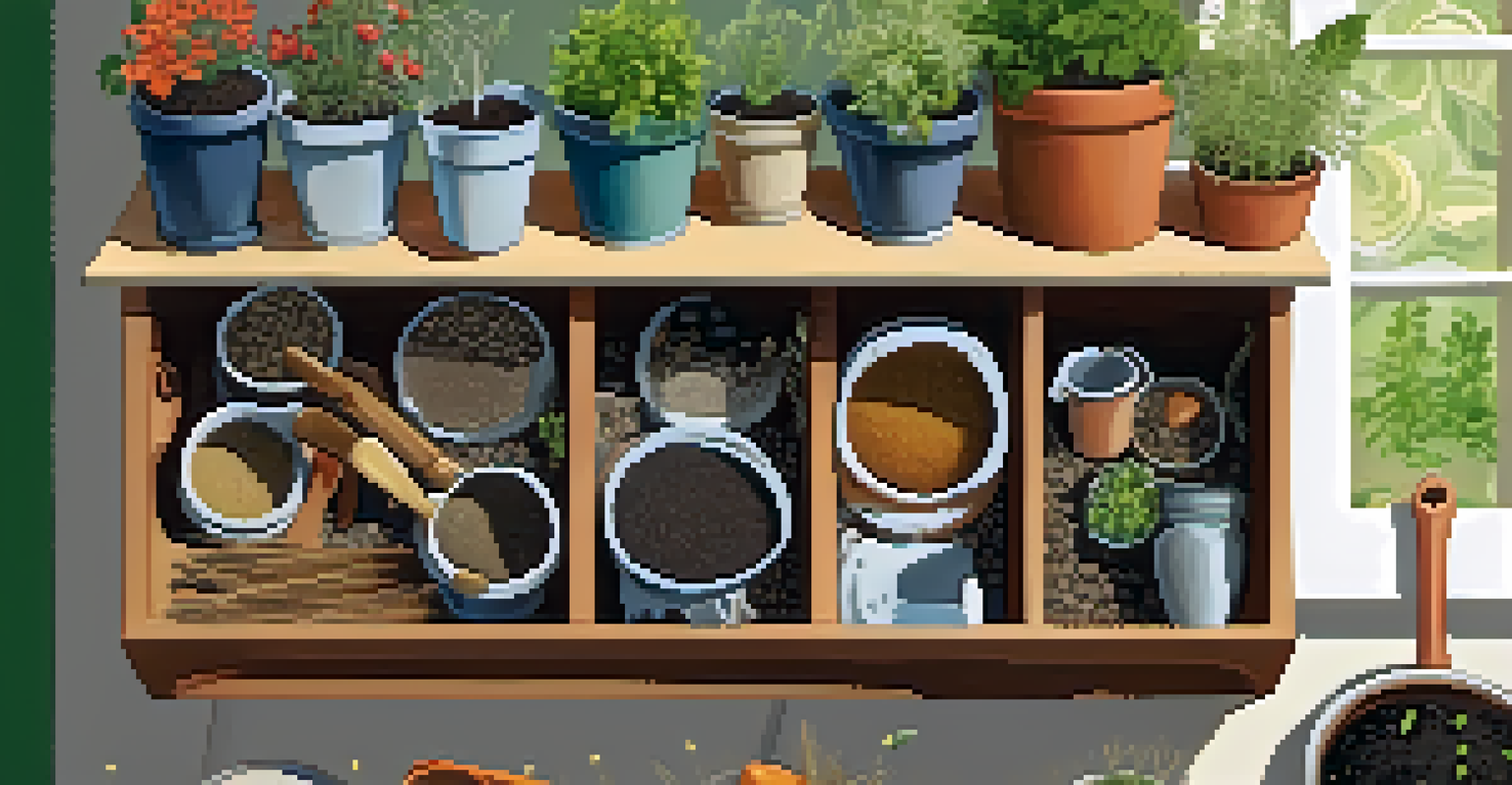 A potting bench with seed packets, pots of soil, and gardening tools under sunlight.