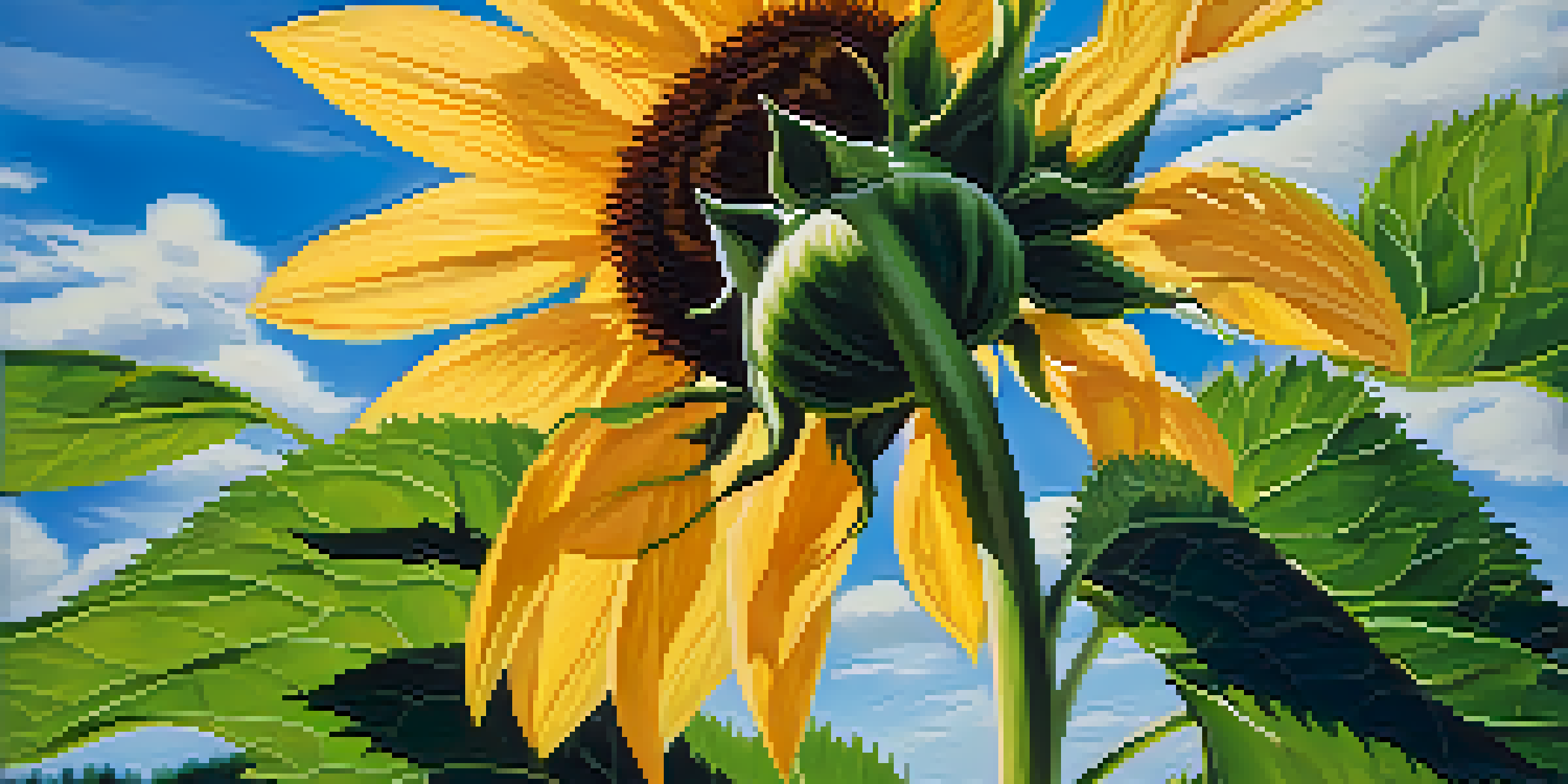 A sunflower bending towards the sun with a bright blue sky and fluffy clouds in the background.