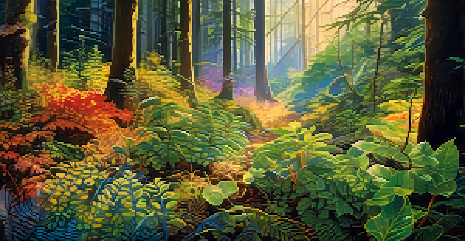 A forest scene showing various plants communicating through colorful, swirling chemical signals in the air, illuminated by golden sunlight.