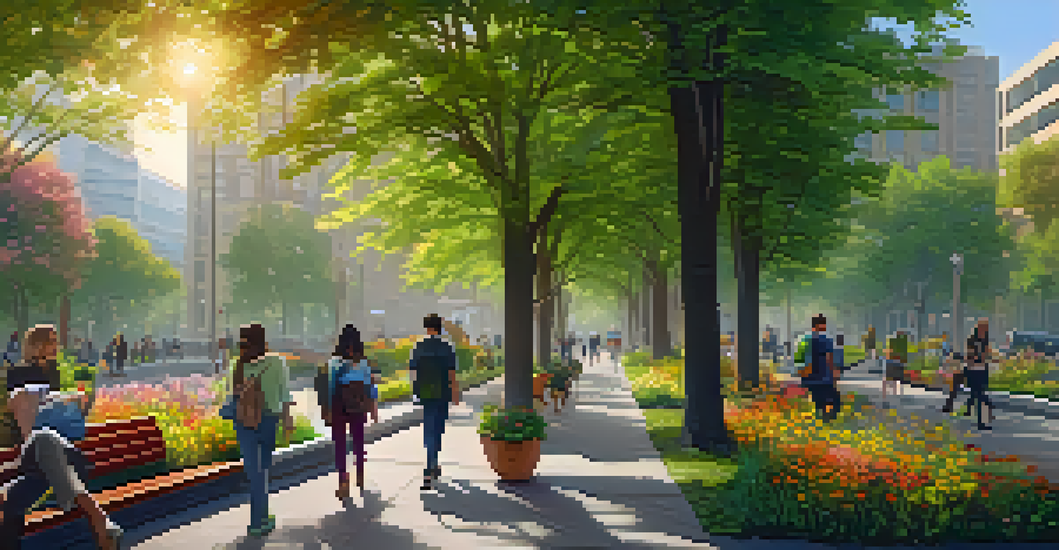 An urban park with trees and flowers, where people are enjoying the green space amidst city buildings.