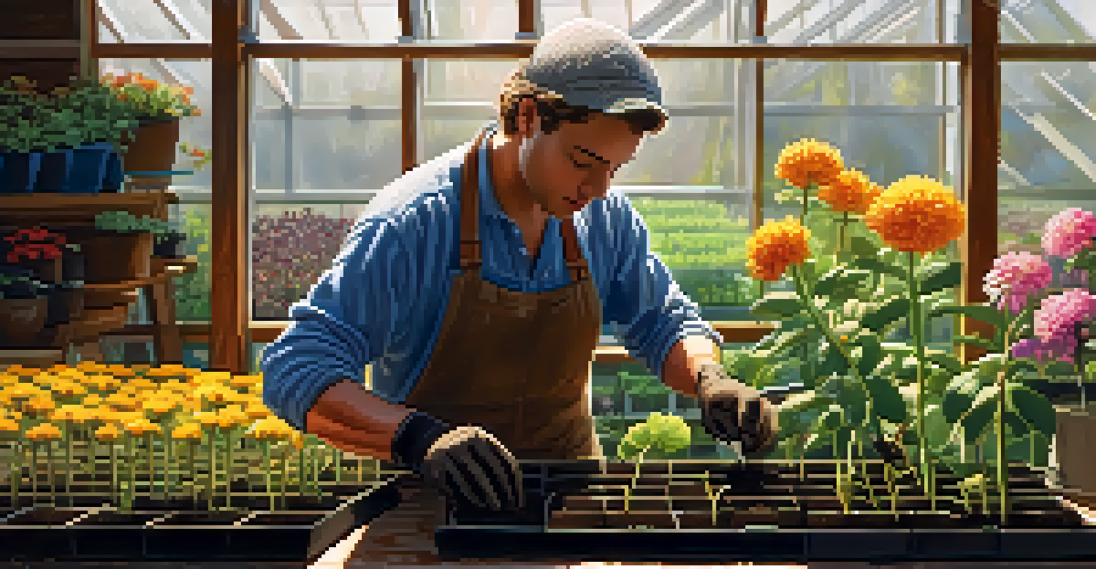A close-up of a gardener planting seeds in a container inside a cozy greenhouse, with sunlight filtering through.