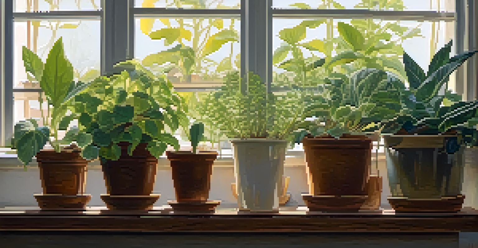 An indoor garden with potted plants, some healthy and others showing signs of root rot, illuminated by soft natural light from a window.