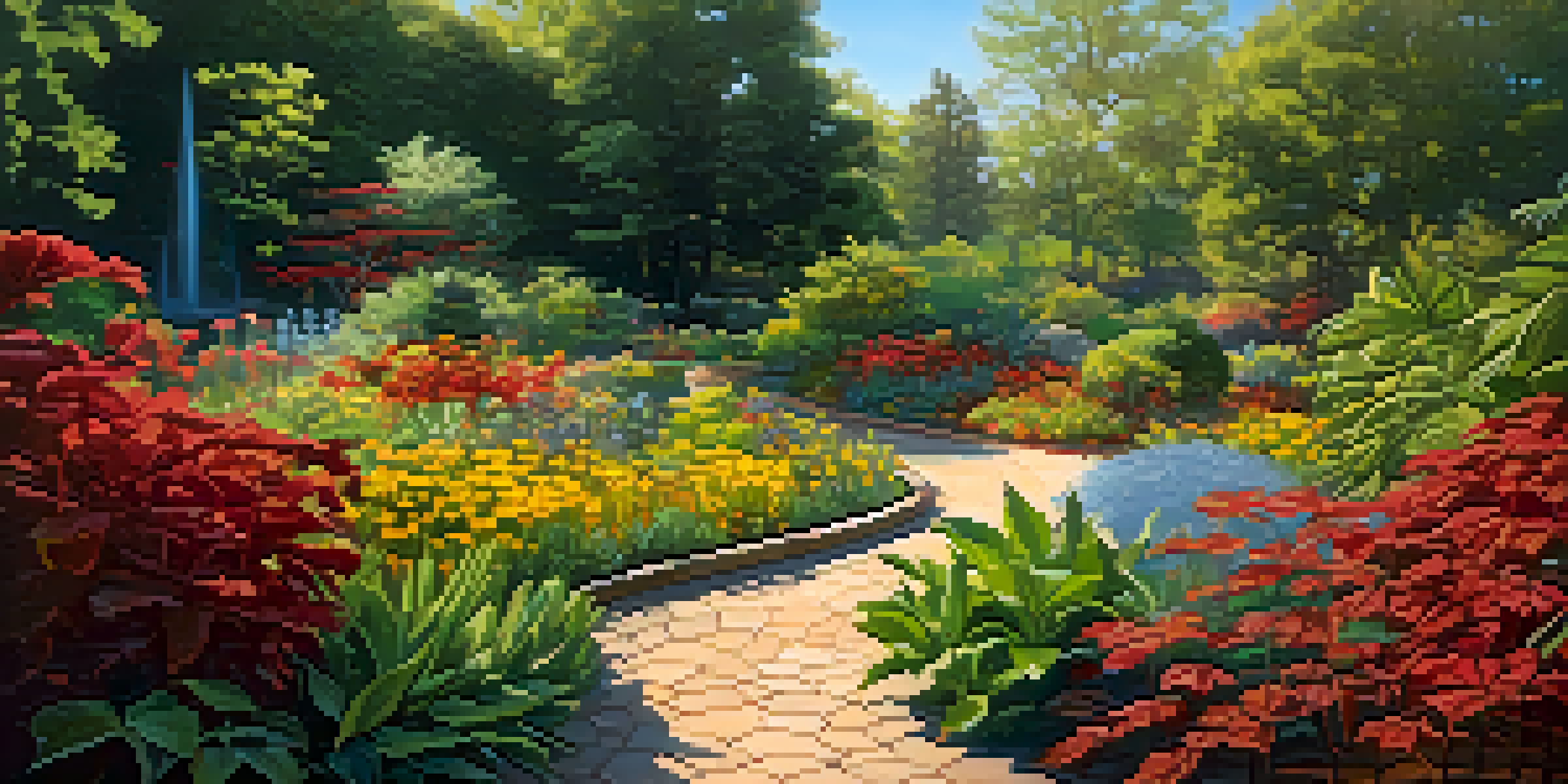 A colorful botanical garden with various blooming plants, a winding pathway, and sunlight filtering through the leaves.
