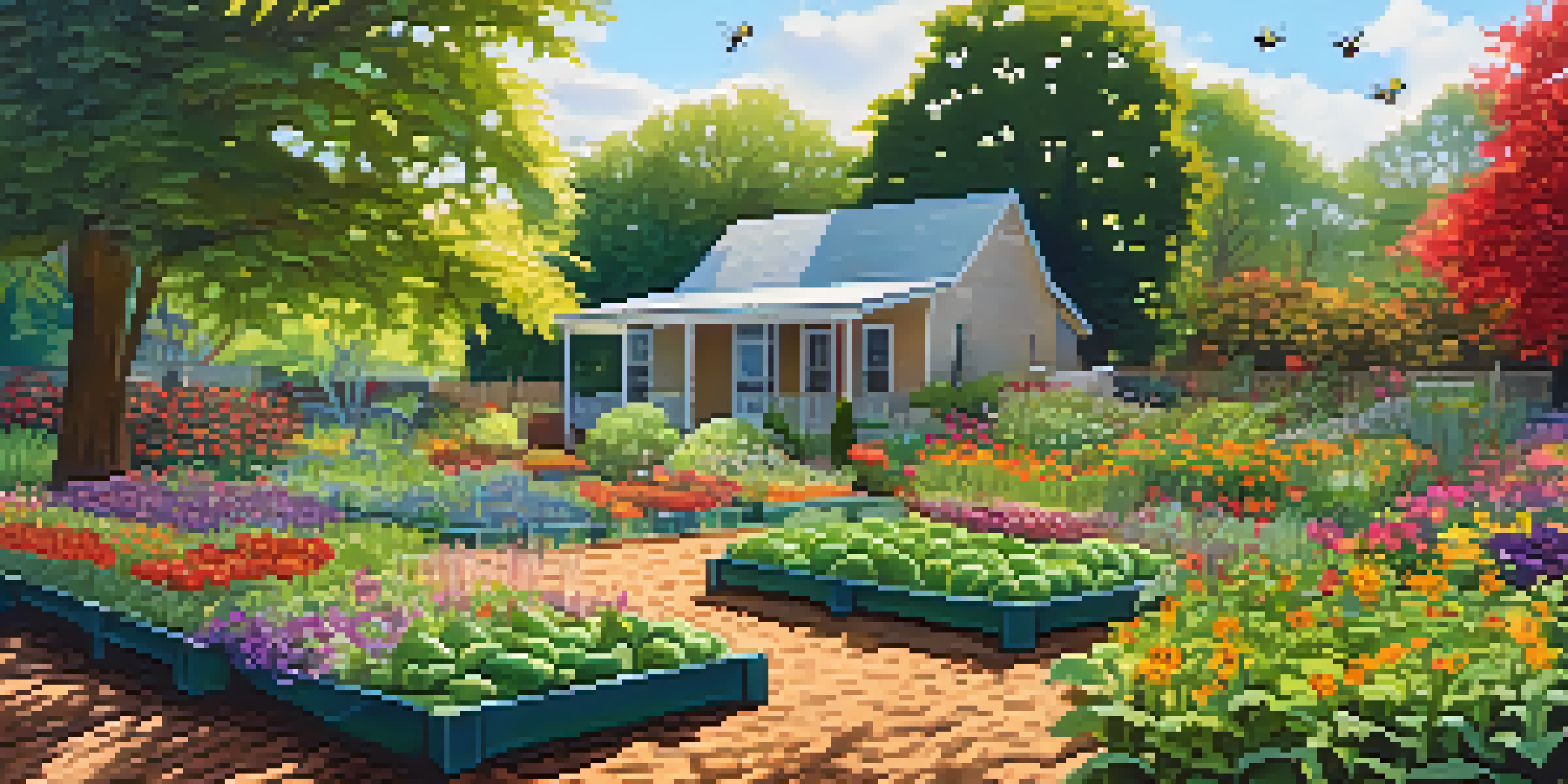 A vibrant vegetable garden with straw and leaf mulch, sunlight filtering through trees, colorful flowers, and bees and ladybugs present.