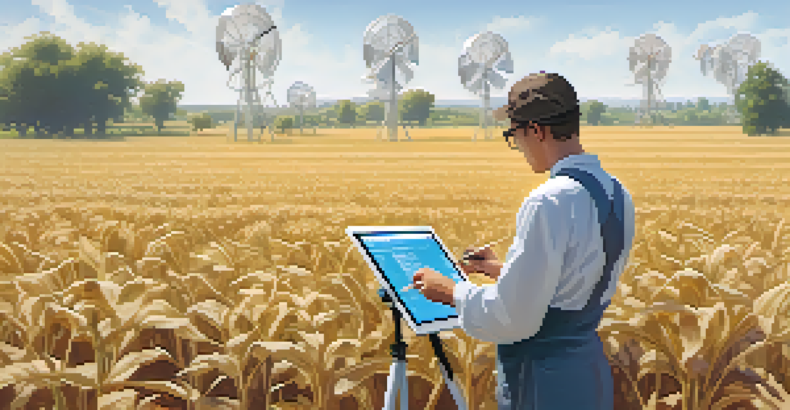 A researcher measuring plant height in a crop field with a tablet.