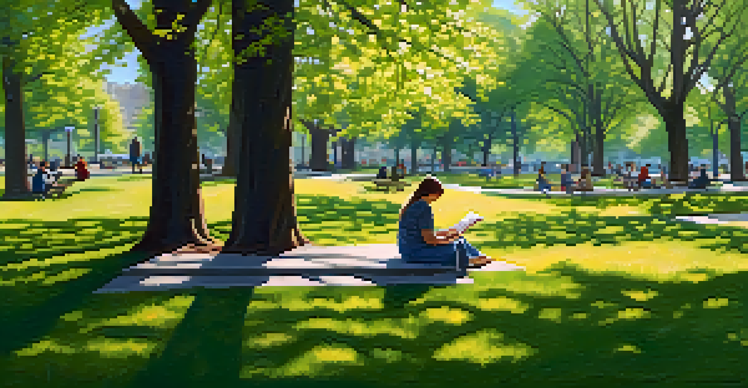 An urban park filled with trees and flowers, with people relaxing on benches and picnicking in the grass under sunlight.