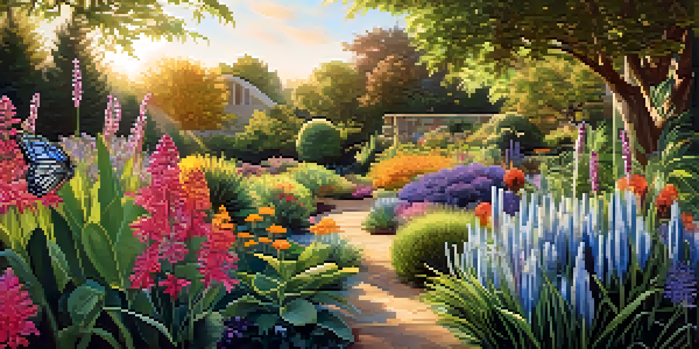 A close-up of a garden with native plants, bees, and butterflies, all under warm sunlight.