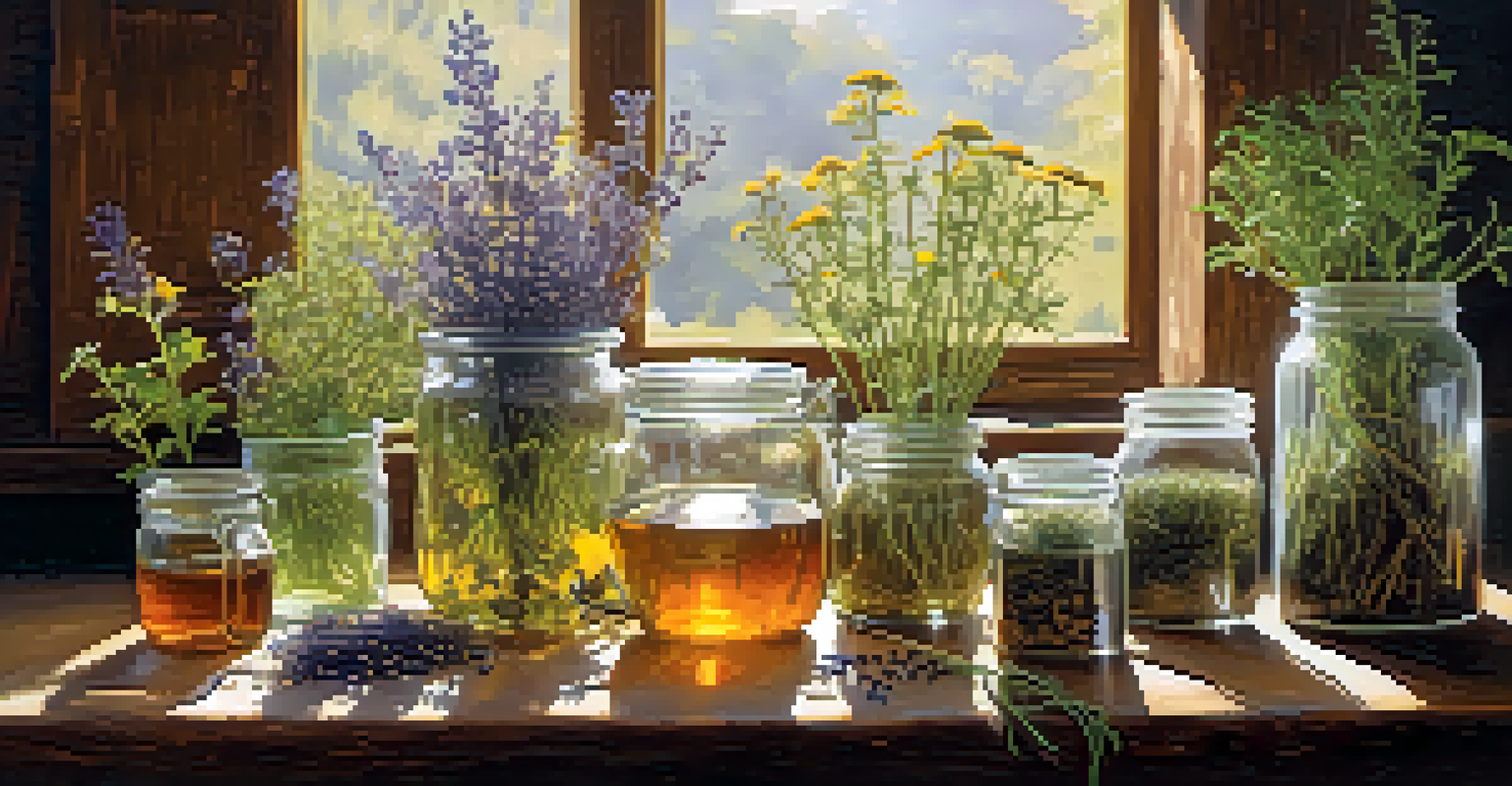 An arrangement of fresh chamomile, ginger roots, and dried lavender on a wooden table, with a cup of herbal tea.