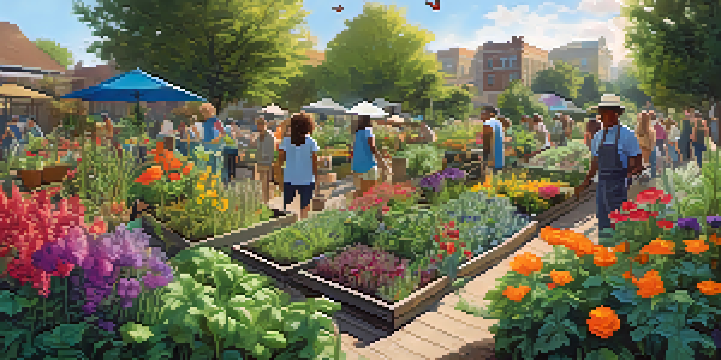 A diverse group of people gardening in a colorful community garden with various plants and flowers, illuminated by soft afternoon sunlight.