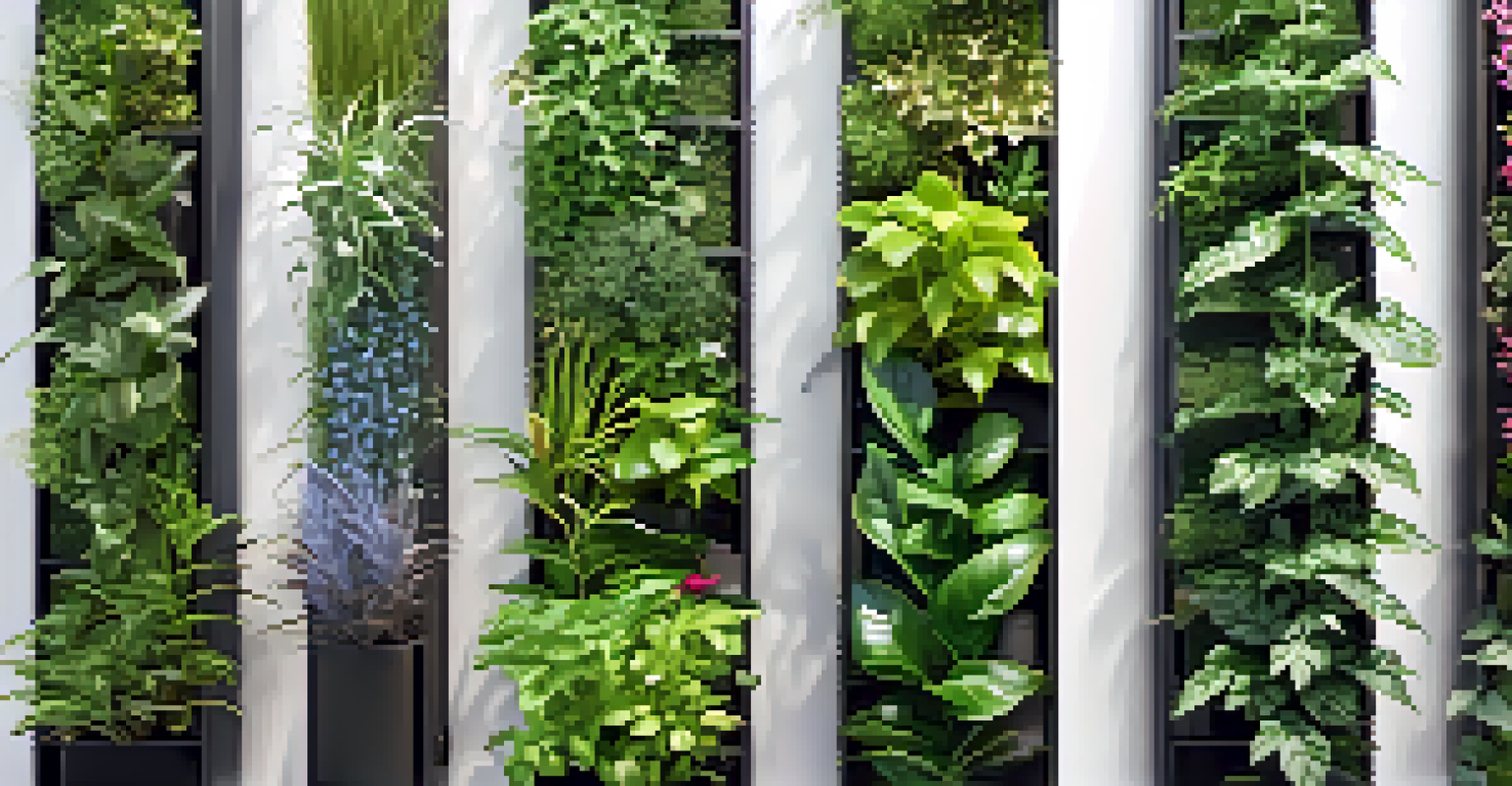 A detailed look at a modular living wall filled with herbs and small flowers, showing water droplets and irrigation.