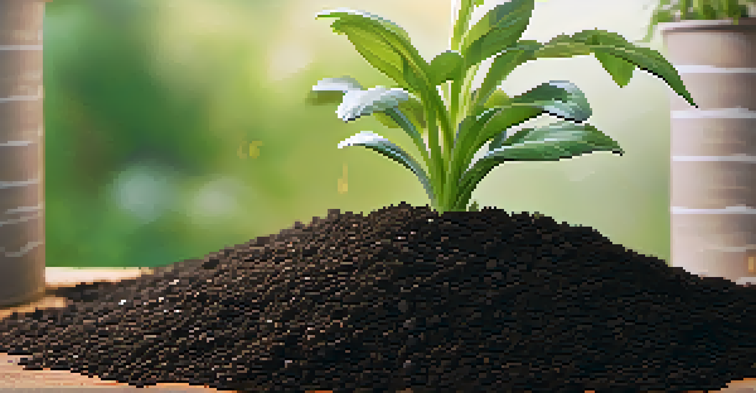 Close-up of potting soil being poured into a vertical planter with seedlings ready to be planted.