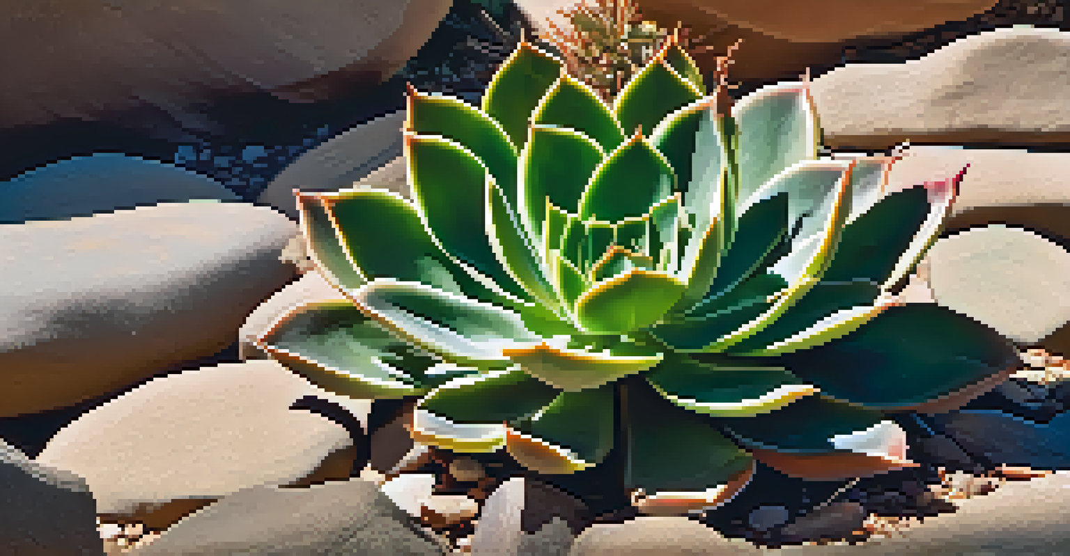 A green succulent plant with thick waxy leaves in a dry, rocky landscape, highlighted by sunlight and shadows.