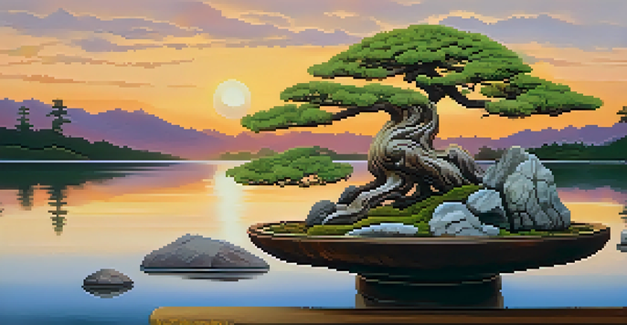 A peaceful Japanese bonsai garden during sunset with a beautifully shaped bonsai tree and a reflecting pond.