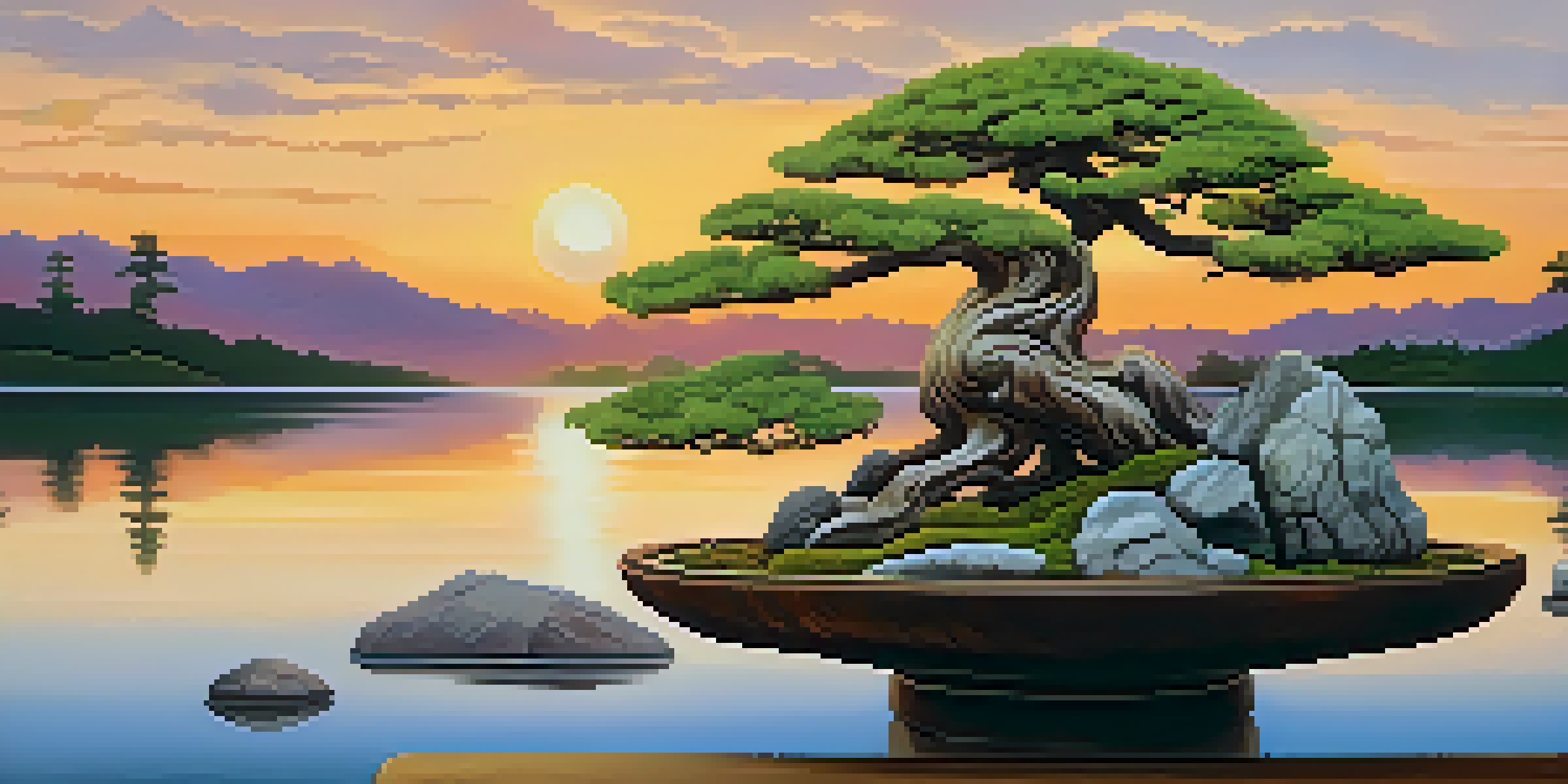 A peaceful Japanese bonsai garden during sunset with a beautifully shaped bonsai tree and a reflecting pond.