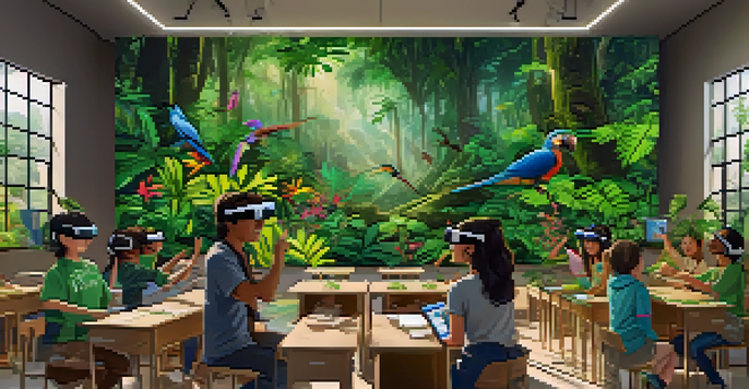 A classroom filled with students using virtual reality to learn about plants, with colorful educational posters and a bright, inviting atmosphere.