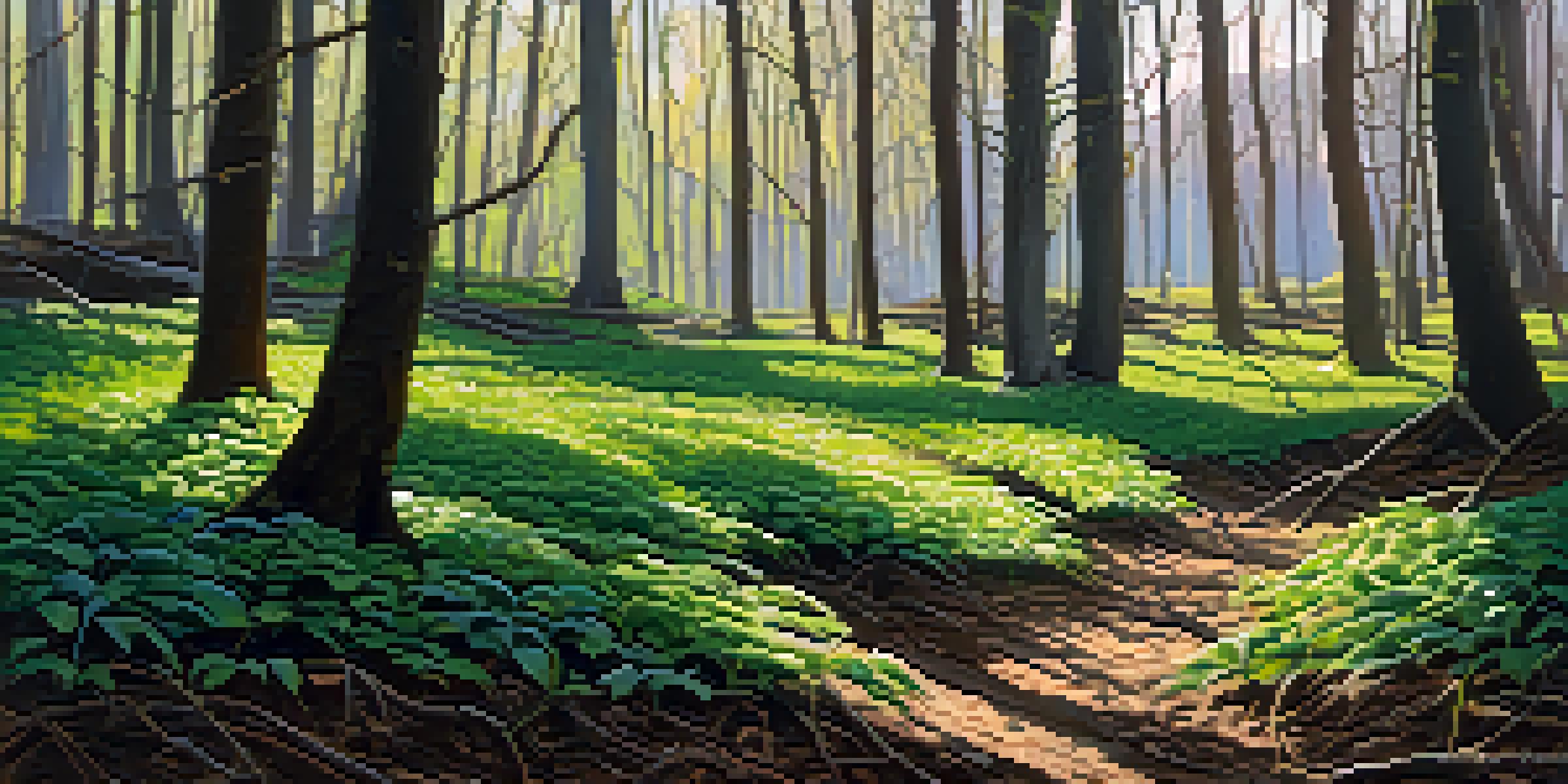 A forager in a green forest carefully trims wild ramps with a knife, surrounded by lush foliage and filtered sunlight.