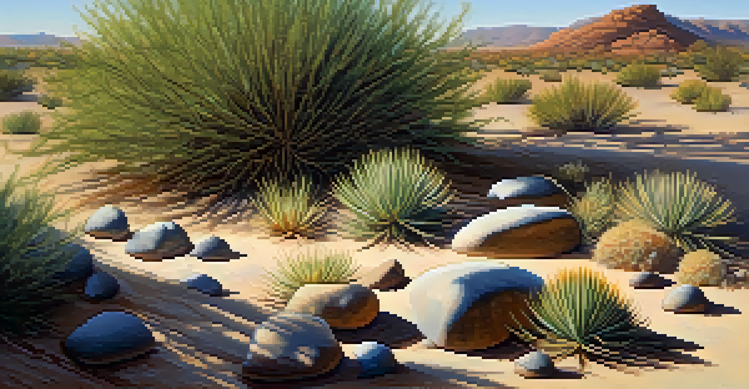 A shaded area among rocks in the desert, showing diverse small plants thriving in a microclimate.