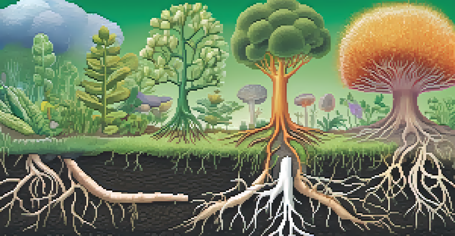 An illustration of plant roots interacting with beneficial microbes like mycorrhizal fungi and nitrogen-fixing bacteria.