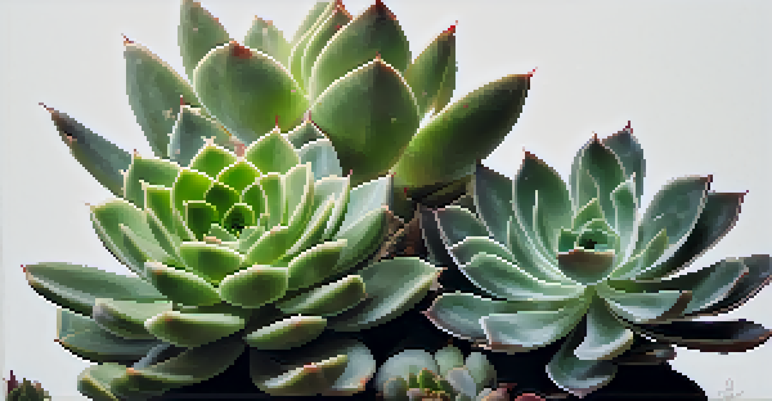 A close-up of various succulents with glossy and velvety textures against a white background.