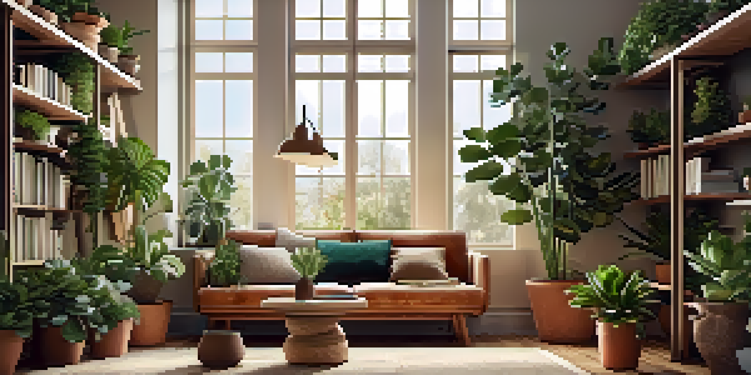 A cozy living room filled with various indoor plants, including a tall fiddle leaf fig and smaller succulents, arranged on shelves with warm lighting.