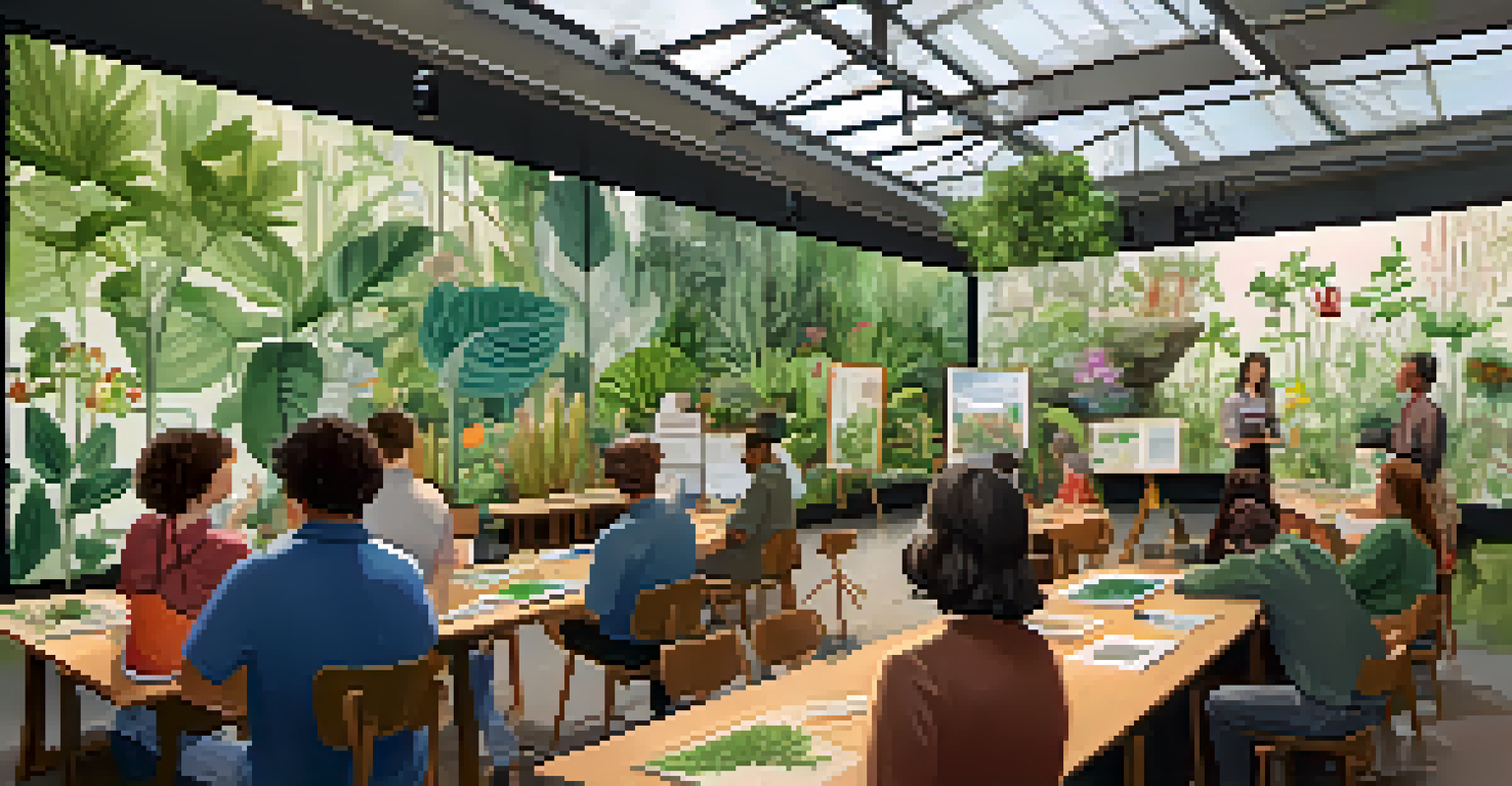 An engaging workshop in a botanical garden, with participants interacting around a table and a projector displaying plant demonstrations.