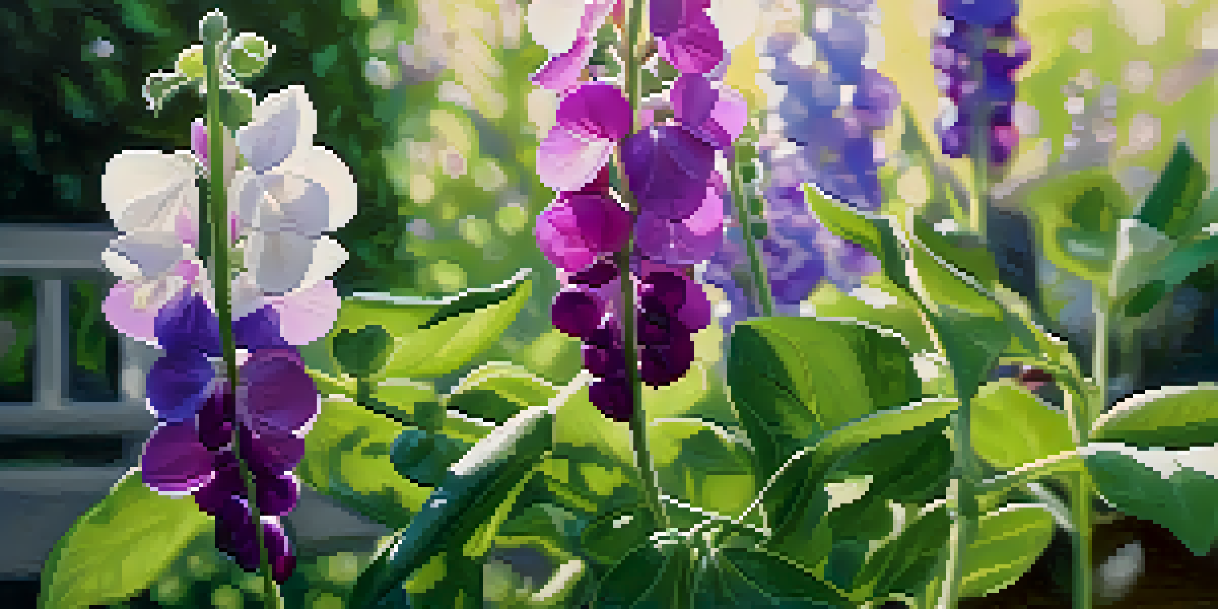A close-up of a pea plant with purple and white flowers in a garden setting, illustrating the concept of dominant and recessive traits.