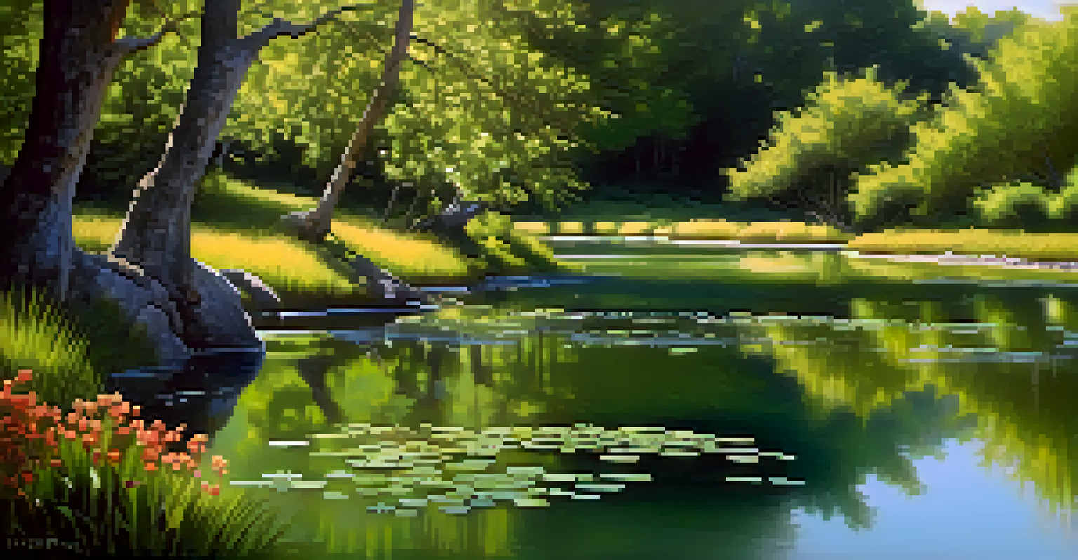 A peaceful pond surrounded by native shrubs and wildflowers, reflecting greenery and sunlight, with birds perched on branches.