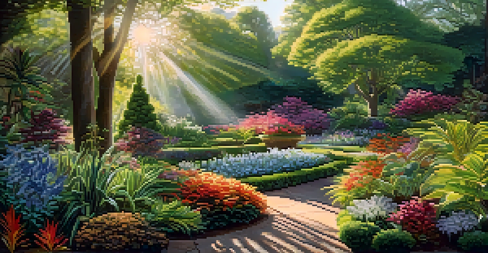 A colorful botanical garden with various flowering plants and trees, illuminated by sunlight.