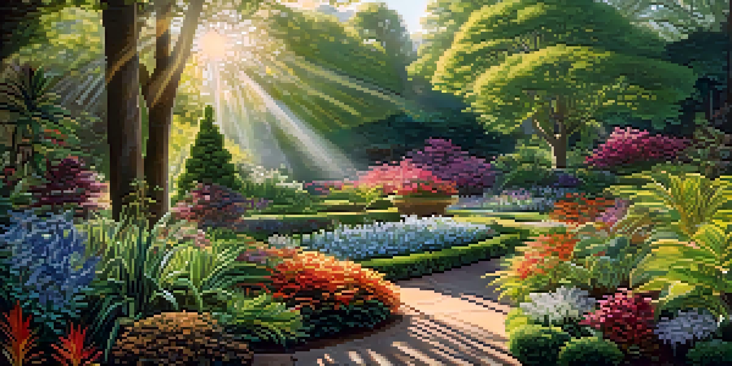 A colorful botanical garden with various flowering plants and trees, illuminated by sunlight.