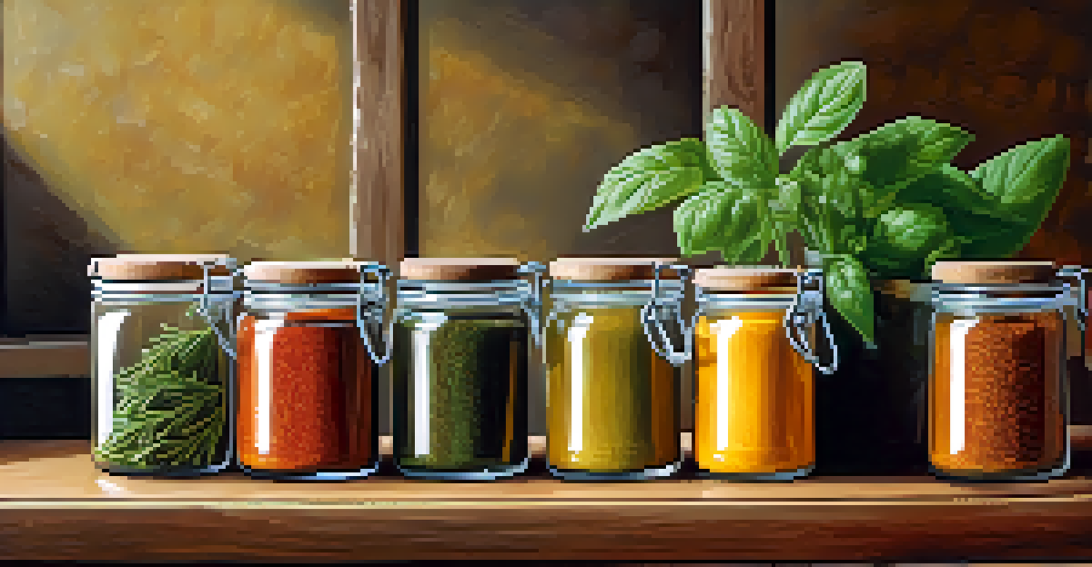 Glass jars filled with herbs and spices on a wooden countertop, illuminated by warm light.