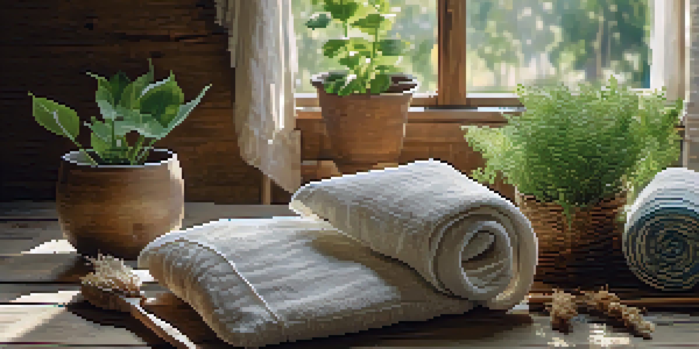 Close-up of different natural fabrics including cotton, hemp, and bamboo on a wooden table with sunlight filtering through.