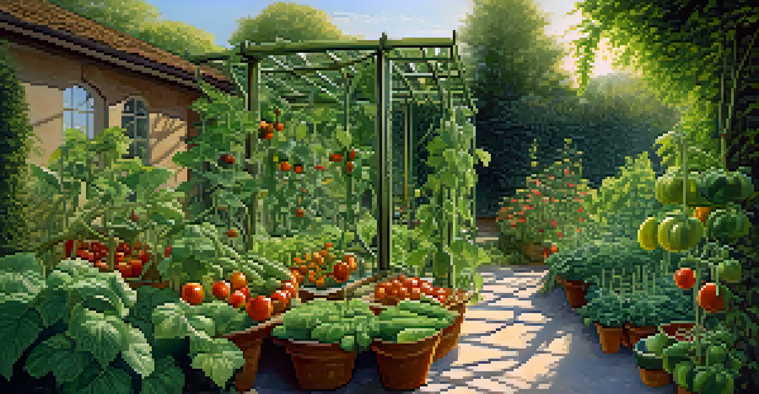 A garden with climbing tomatoes and cucumbers supported by a trellis, with a gardener tending to the plants.