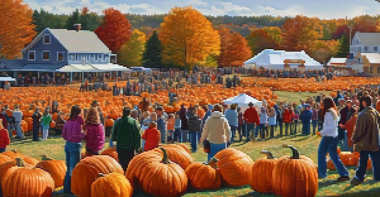A festive outdoor scene with large pumpkins and families enjoying activities at a Pumpkin Festival.