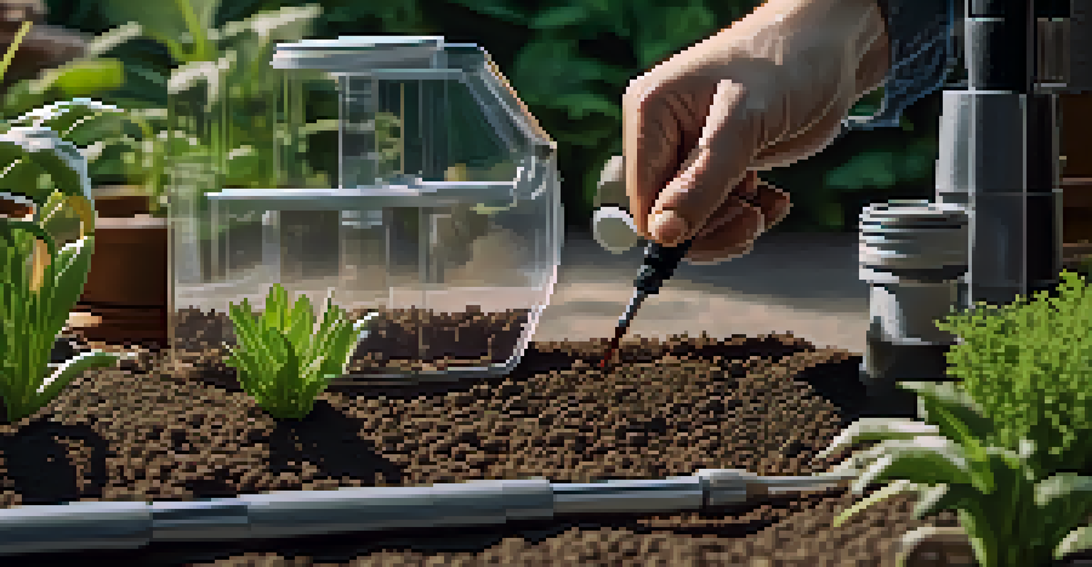 A gardener testing soil for pH and iron content, with a lush garden in the background and soil testing tools in focus.