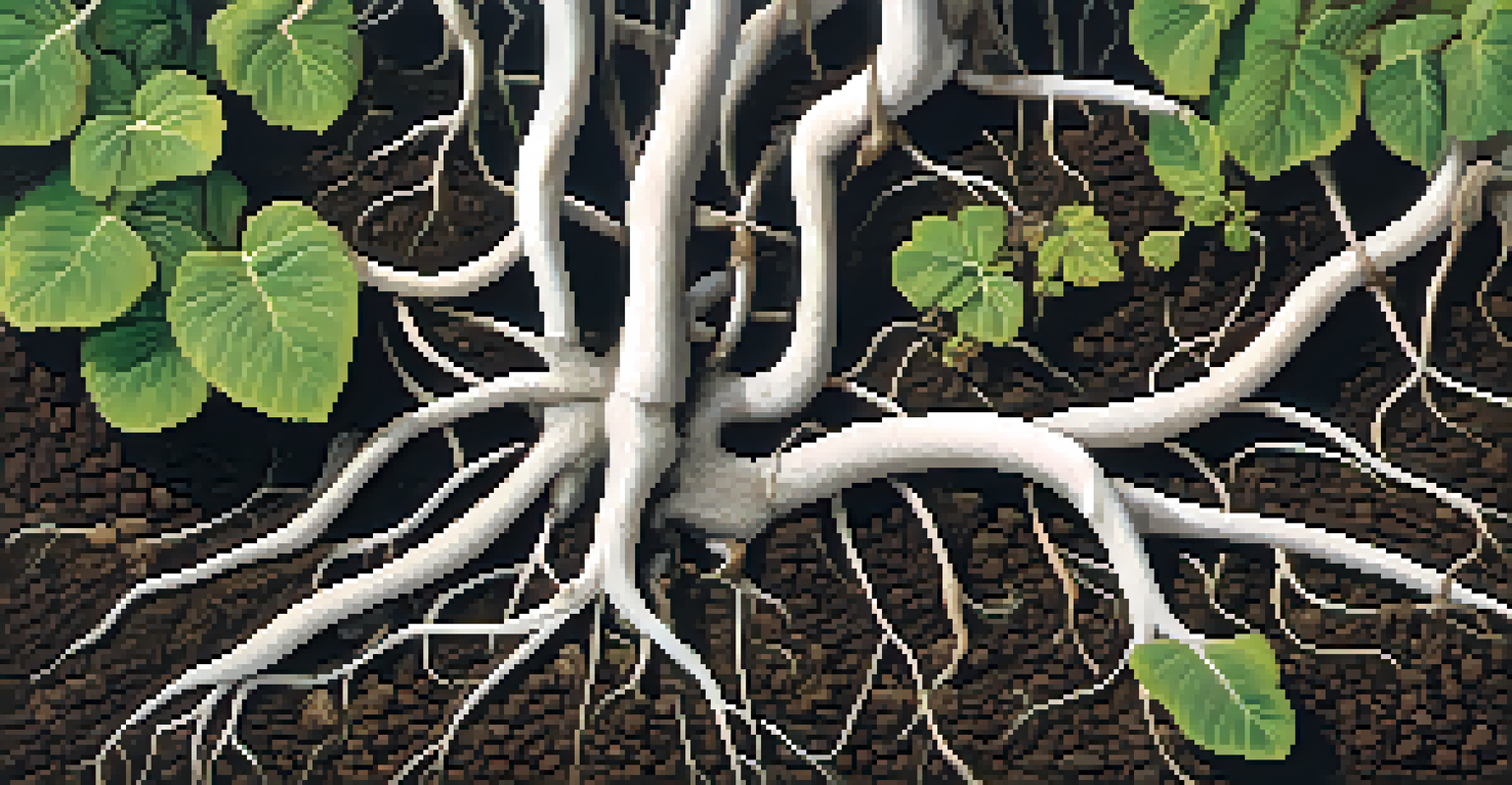 A close-up of a plant's root system in dark soil, with mycorrhizal fungi and small insects visible, representing a healthy ecosystem.