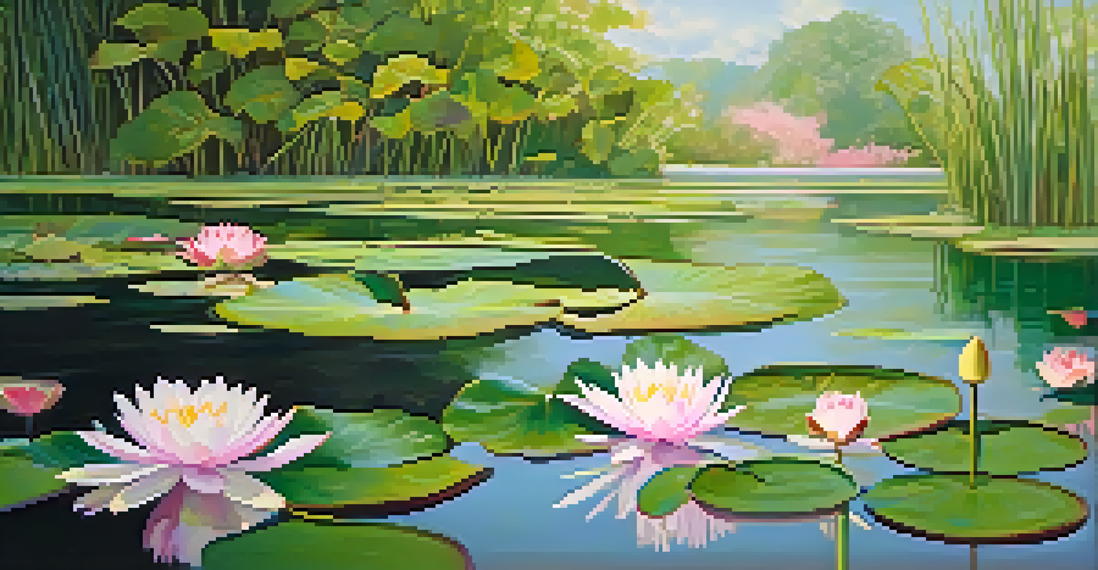 A close-up of water lilies on a pond, with vibrant colors and reflections creating a serene and beautiful scene.