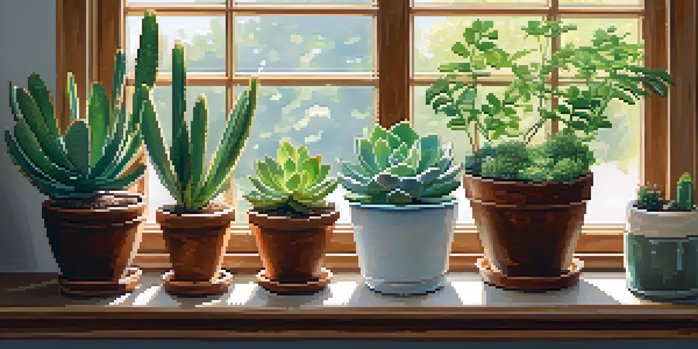 A cozy indoor scene with a variety of succulent plants on a wooden windowsill, illuminated by soft natural light.